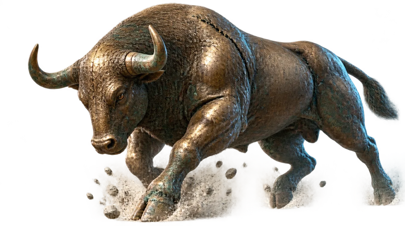 Banteng perunggu raksasa menyerbu ke kiri, kaki depannya menembus lantai yang retak.