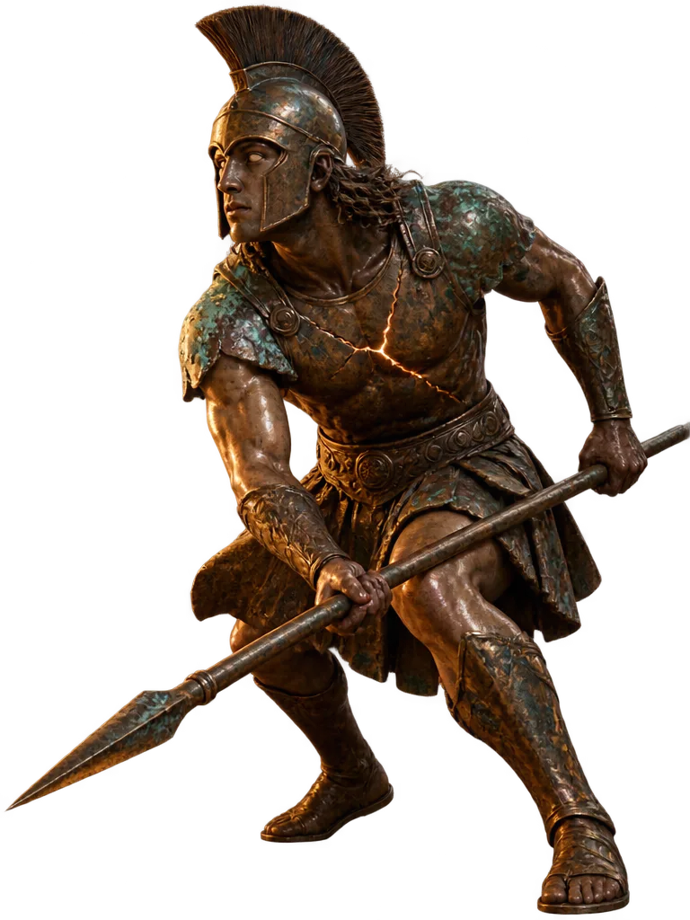 Pelompat perunggu berhelm jambul merunduk dengan tombak rendah, retak di dadanya menyala jingga.